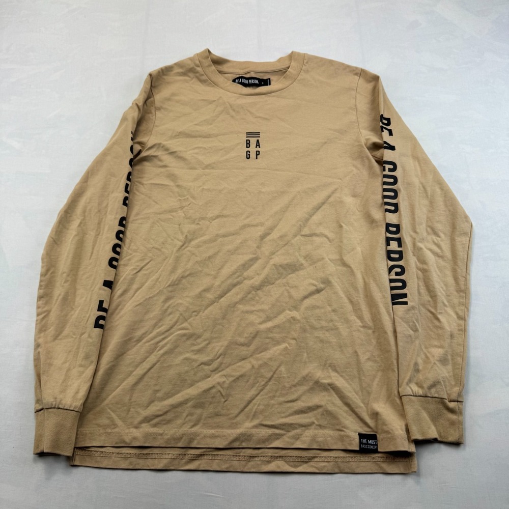 Be A Good Person T-Shirt Mens Small Tan Graphic Logo Long Sleeve Crew Neck Tee